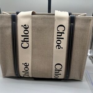 Chloé Woody Large Tote Linen Canvas Logo Strap Neutral